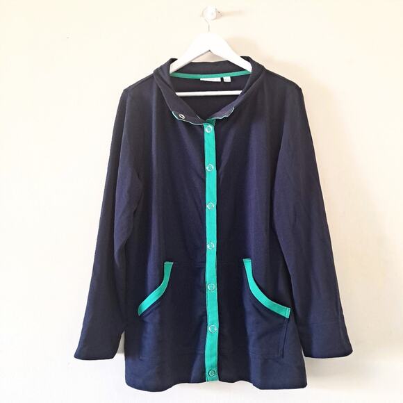 Susan Graver Navy & Green Button Down Terry Sweatshirt / Jacket - Size 1X - Picture 1 of 8